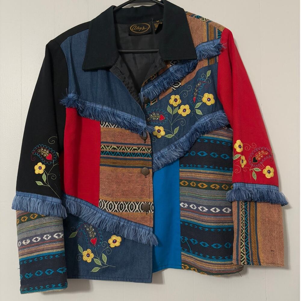 Alex Kim Denim Fringe Western Floral Embroidered Medium Blazer